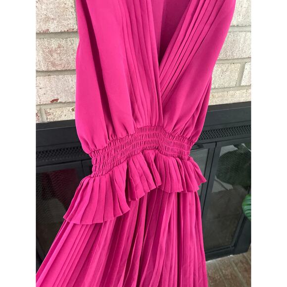 French Connection Shelby Plunge V Neck Maxi Dress Size 0 Pink Ruffle Waist - Picture 5 of 10